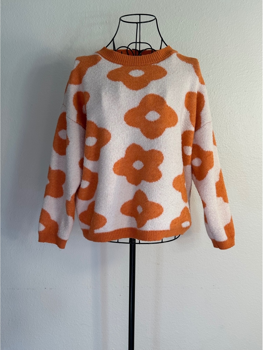 Floral Fuzzy Orange and White Sweater